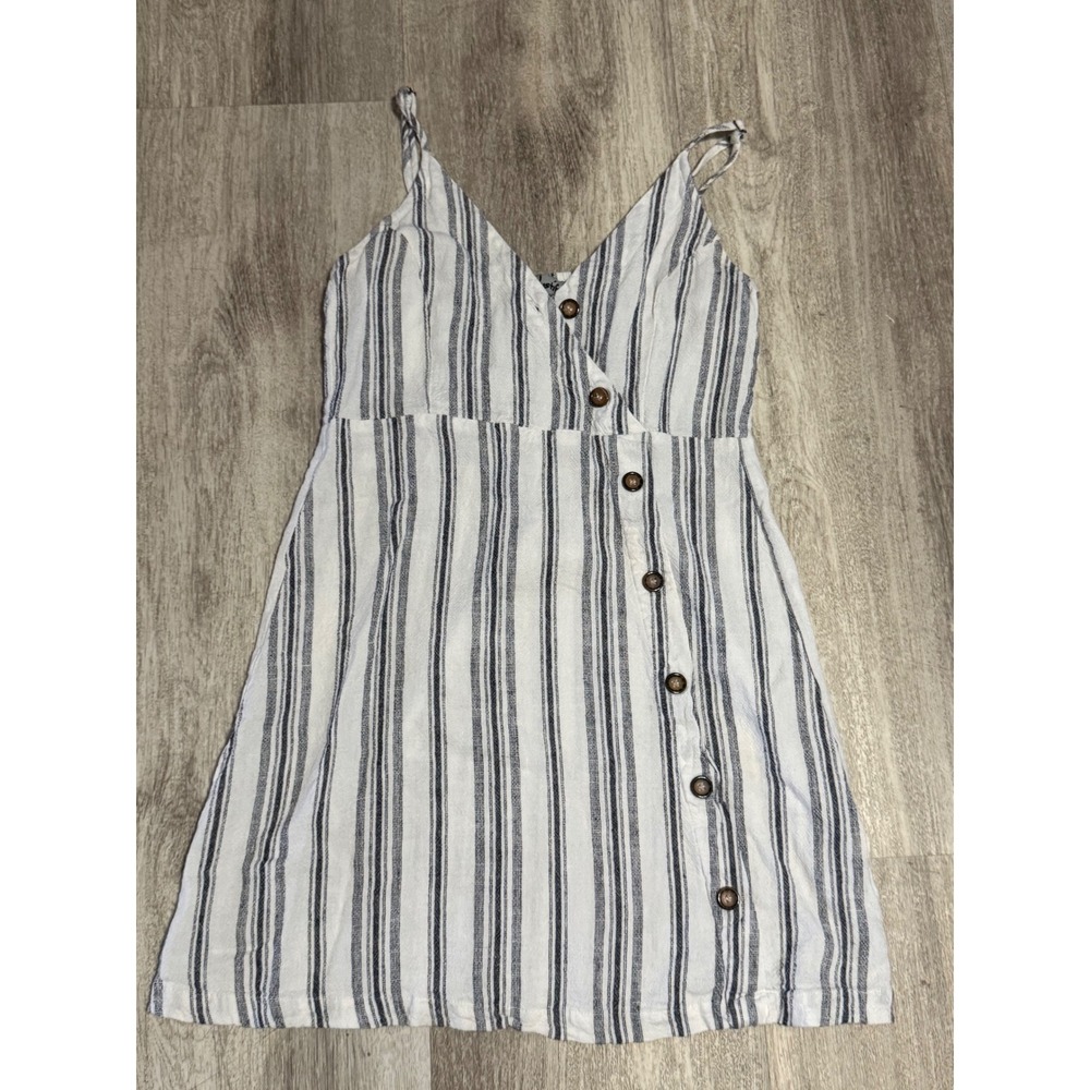 Justify Womens Small Blue White Striped Linen Blend Button Front Mini Dress